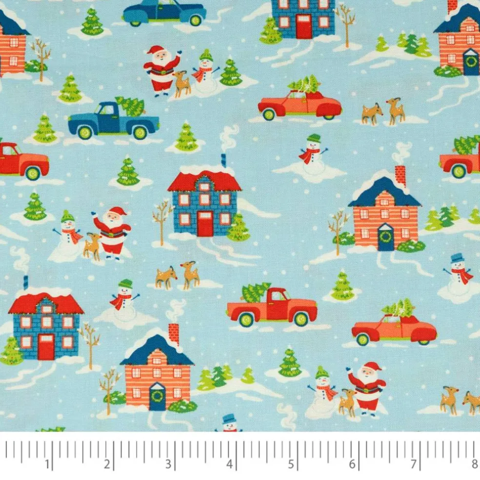 SINGER Blue Santa's Village Cotton Fabric