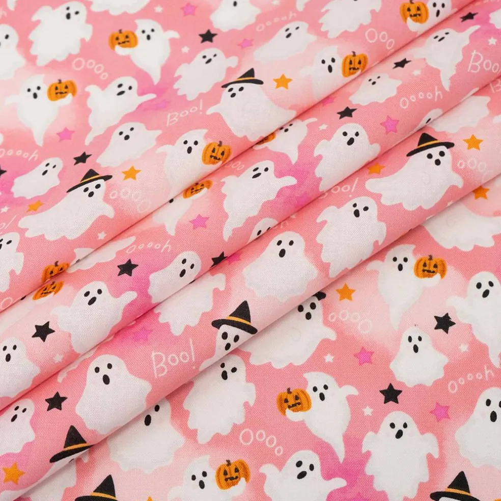 SINGER Ghosts with Stars Print on Pink Cotton Fabric