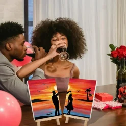Sip and Paint Kit for Couples, 2 Pack Pre-Drawn Canvas Painting Set 8x10 Inch Date Night DIY Art Kit with Acrylic Paints, Brushes & Palettes, Dancing Couple Sunset Beach Paint Party Set for Adults