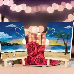 Sip and Paint Kit for Couples, 2 Pack Pre-Drawn Canvas Painting Set 8x10 Inch Date Night DIY Art Kit with Easels, Aprons, Paints, Brushes & Candles, Beach & Heart Valentine Painting Set for Adults