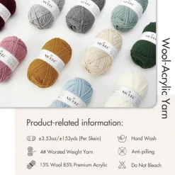 1 Skein Soft Wool-Acrylic Yarn for Knitting Worsted Weight Yarn Quality Yarn for DIY Craft Wool Blend Yarn for Crochet Blanket Yarn(3.53oz,153yds)-Pale Grayish Green