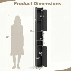 Slim Bathroom Storage Cabinet, 69.5 Inch Tall Narrow Floor Organizer with 2 Doors, Open Shelves, Toilet Paper Holder and Side Hook