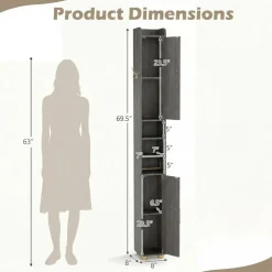 Slim Bathroom Storage Cabinet, 69.5 Inch Tall Narrow Floor Organizer with 2 Doors, Open Shelves, Toilet Paper Holder and Side Hook