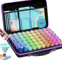 60 Slots Diamond Painting Storage Container, Portable 10g Drill Storage Bottles Organizer Case with 4 Pens, Trays, Funnel, Tweezers, Labels, Wax & Bags for 5D Diamond Art Accessories and Crafts