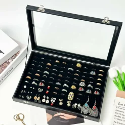 100 Slots Ring Display Case with Transparent Lid Ring Storage Box Ring Holder Case For Store Display Home Jewelry Storage Display Ring Organizer Earring Holder Display Tray