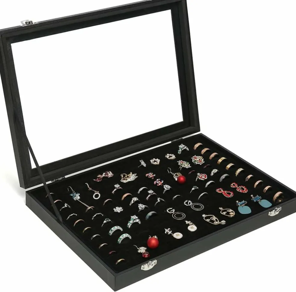 100 Slots Ring Display Case with Transparent Lid Ring Storage Box Ring Holder Case For Store Display Home Jewelry Storage Display Ring Organizer Earring Holder Display Tray