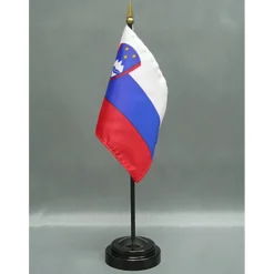 Slovenia Desk Flag with Base; American Made Rayon 4x6 inch Miniature Table Set Includes One Small Mini Country Stick Flags and One Black Stand