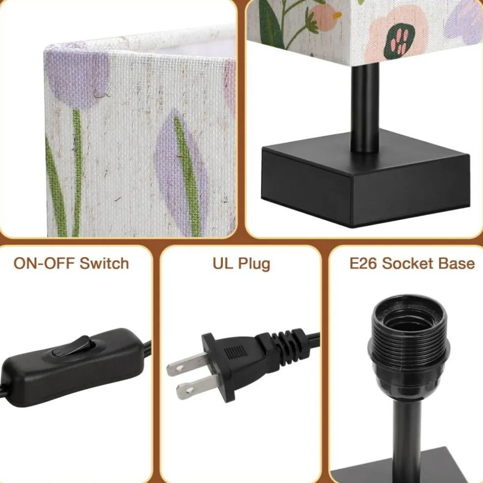 Small Bedside Table Lamp for Bedroom - Square Floral Fabric Shade