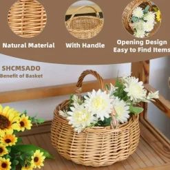 Small Gift Wicker Picnic Basket with Handle,Willow Flower Girl Basket for Weddings,Garden and Home Decor -Wicker Storage Basket-Natural