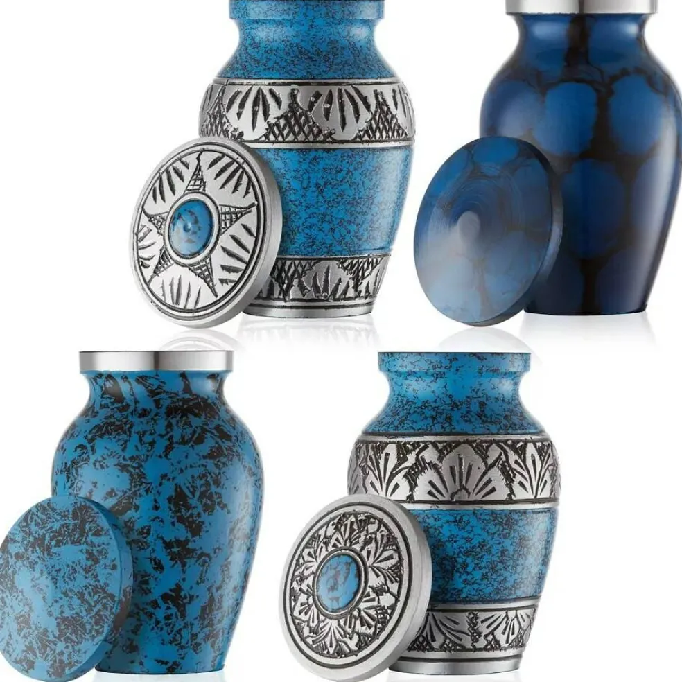 Small Keepsake Cremation Urns for Human Ashes, Set of 4 Blue and Silver w Case