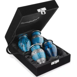 Small Keepsake Cremation Urns for Human Ashes, Set of 4 Blue and Silver w Case