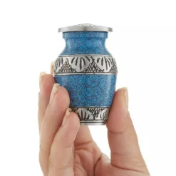 Small Keepsake Cremation Urns for Human Ashes, Set of 4 Blue and Silver w Case