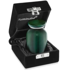Small Mini Keepsake Cremation Urn for Human Ashes, Green with Velvet Case