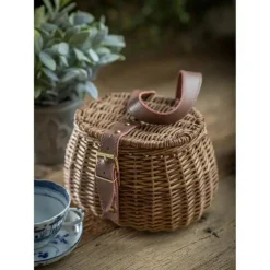 Small Wicker Fishing Creel Basket with Faux Leather Strap Storage 7.5 Inch