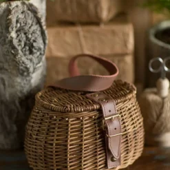 Small Wicker Fishing Creel Basket with Faux Leather Strap Storage 7.5 Inch