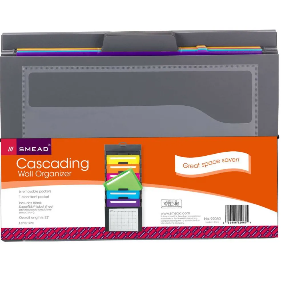 Smead® Cascading Wall Organizer, Gray with 6 Bright Pockets