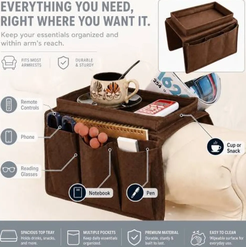 Sofa Armrest Organizer Remote Control Holder Couch Caddy Tray Table Brown