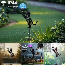 Solar Cat Garden Stake Lights Outdoor Decor, 40” Metal Black Cat Silhouette Welcome Sign with Color Changing Crackle Glass Ball, Waterproof Yard Art for Lawn, Patio, Pathway & Home Decoration
