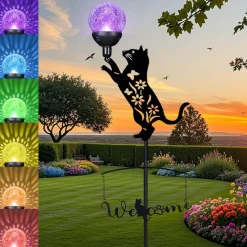 Solar Cat Garden Stake Lights Outdoor Decor, 40” Metal Black Cat Silhouette Welcome Sign with Color Changing Crackle Glass Ball, Waterproof Yard Art for Lawn, Patio, Pathway & Home Decoration