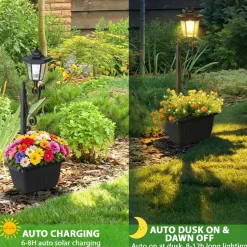 Solar Garden Stake Light with Planter Box, Vintage Solar Pathway Lamp, IP44 Waterproof Auto On/Off Outdoor Landscape Light for Yard, Lawn, Walkway Decor
