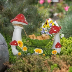 Solar Garden Statue, Puppy in Leaf Hammock with Mushrooms & LED Lights