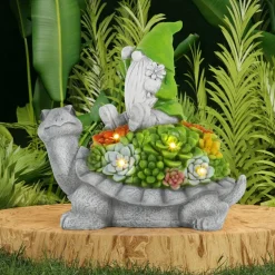 Solar Gnome on Turtle Garden Statue with LED Succulent Lights