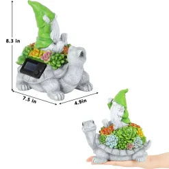 Solar Gnome on Turtle Garden Statue with LED Succulent Lights