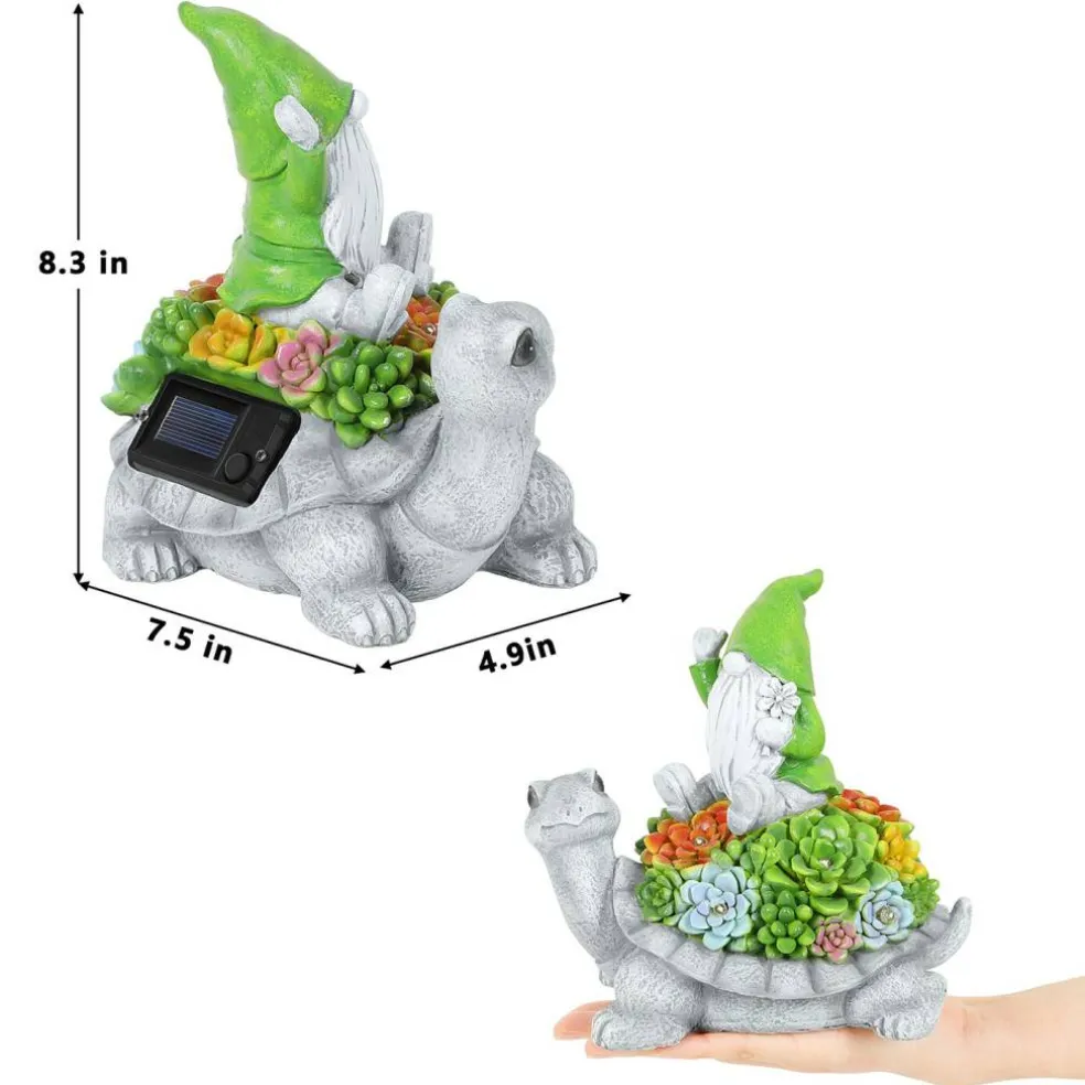 Solar Gnome on Turtle Garden Statue with LED Succulent Lights