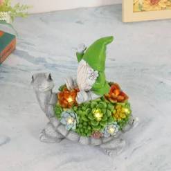 Solar Gnome on Turtle Garden Statue with LED Succulent Lights