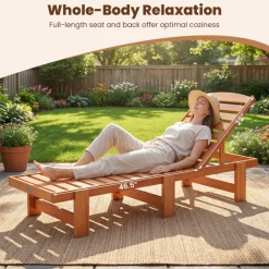 Solid Wood Patio Chaise Lounge, Outdoor Sun Lounger with 5-Position Backrest, Slatted Seat and Wide Support Legs