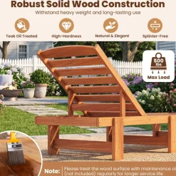 Solid Wood Patio Chaise Lounge, Outdoor Sun Lounger with 5-Position Backrest, Slatted Seat and Wide Support Legs