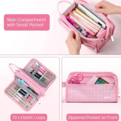 Sooez Large Pencil Case, Big Capacity Pencil Pouch Pen Bag with 3 Compartment, Portable Canvas Stationery Organizer with Zipper, Cute Aesthetic School Supplies for Teen Girls, Purple with Plaid