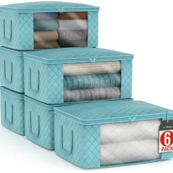 Sorbus Medium Clothes Storage Bags 6 Pack - Foldable Blanket Organizer Bins with Window, Lids, and Handles