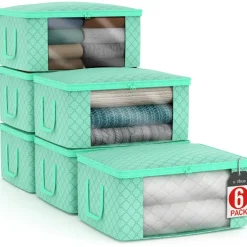 Sorbus Medium Clothes Storage Bags 6 Pack - Foldable Blanket Organizer Bins with Window, Lids, and Handles