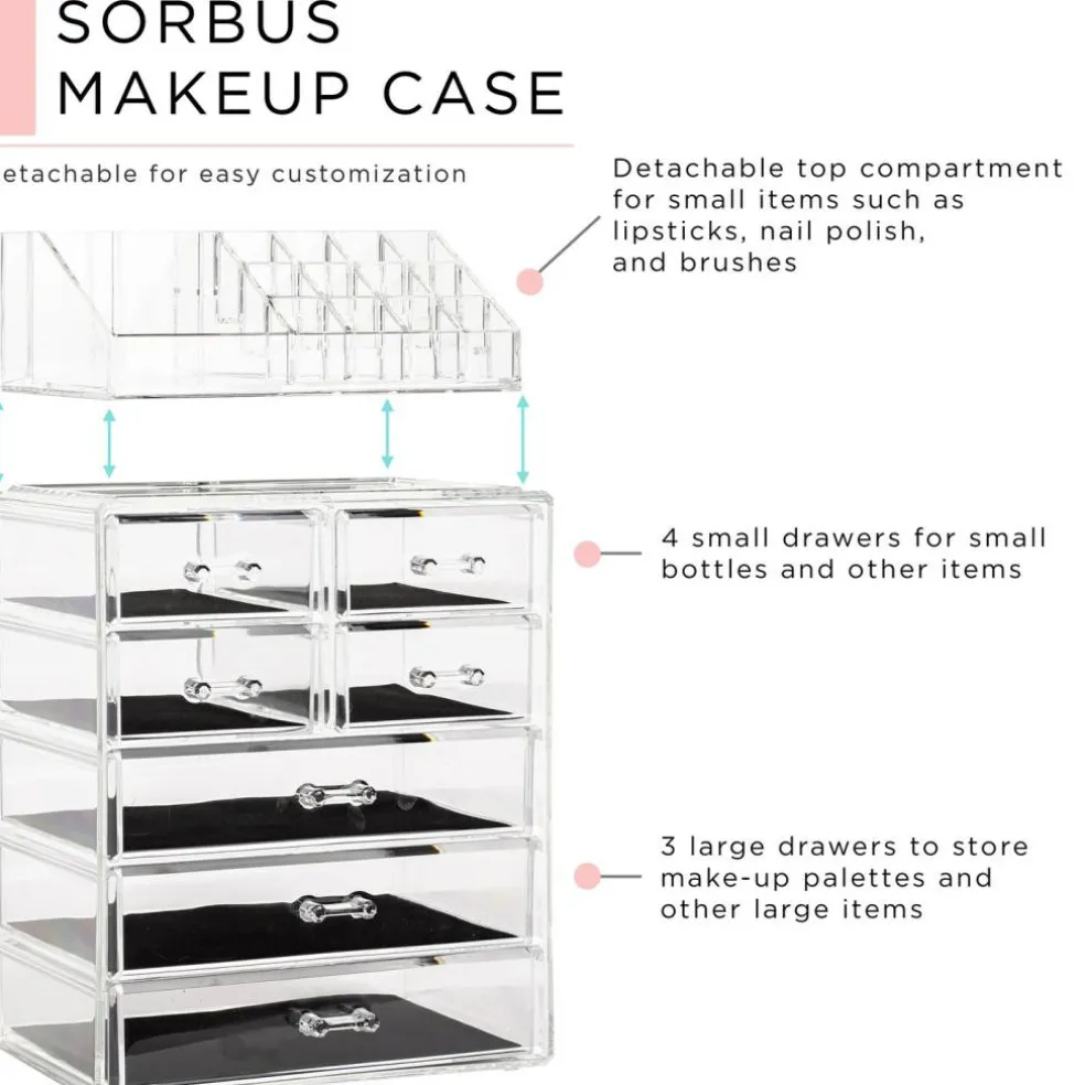 Sorbus Medium Makeup Organizer Set - (3 Large / 4 Small Drawers/Top Tray)