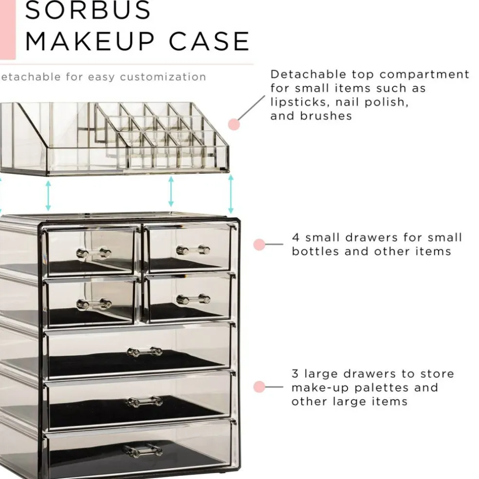 Sorbus Medium Makeup Organizer Set - (3 Large / 4 Small Drawers/Top Tray)