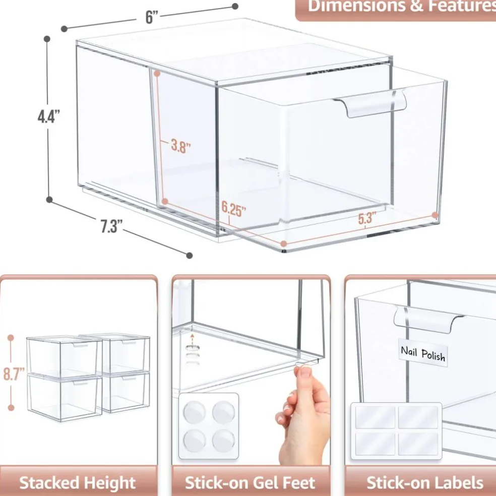 Sorbus 2 Pack Clear Stackable Acrylic Drawer Makeup Organizers - for Vanity, Bathroom, Under Sink, Cabinets, Jewelry, and More