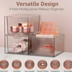 Sorbus 8 Pack Clear Stackable Acrylic Drawer Makeup Organizers - for Vanity, Bathroom, Under Sink, Cabinets, Jewelry, and More