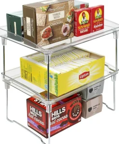 Sorbus Stackable Shelves for Cabinets & Countertop - Storage Shelf Organizer Stand Racks- Foldable Shelves for Undersink, Kitchen Cabinets, Pantry, Countertops, Clear Plastic/Metal
