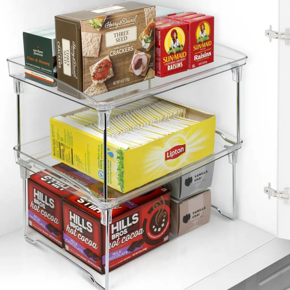 Sorbus Stackable Shelves for Cabinets & Countertop - Storage Shelf Organizer Stand Racks- Foldable Shelves for Undersink, Kitchen Cabinets, Pantry, Countertops, Clear Plastic/Metal