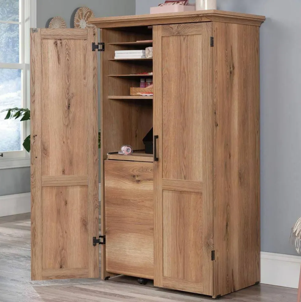 Space-Saving Armoire with Drop Leaf Desk and Adjustable Shelves for Home Office or Crafting