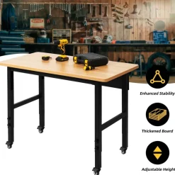 spanspace 48" Adjustable Heavy-Duty Workbench, Hardwood Top Worktable with Locking Universal Wheels & Metal Frame,Workshop Garage Table