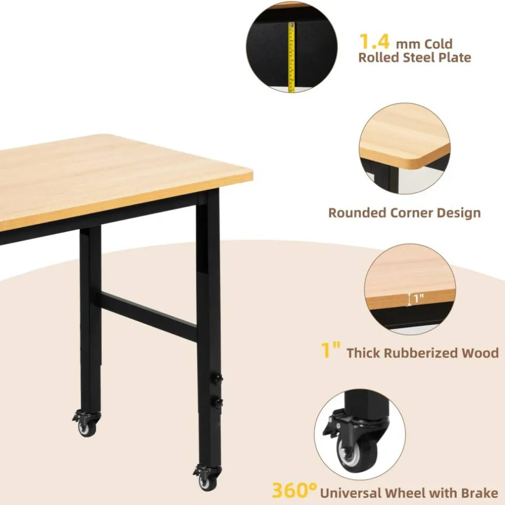 spanspace 48" Adjustable Heavy-Duty Workbench, Hardwood Top Worktable with Locking Universal Wheels & Metal Frame,Workshop Garage Table
