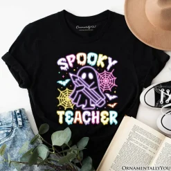 Spooky Teacher Neon Ghost T-Shirt, Retro Halloween Tee for Educators