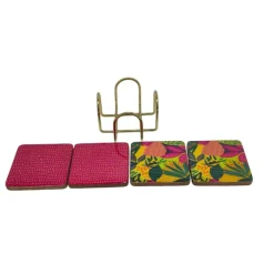 Square Tropical Wood Coaster Set with Gold Metal Stand by Ashland®