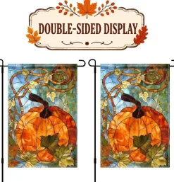 Stained Glass Pumpkin Garden Flag 12x18 Inch – Double Sided Autumn Harvest Porch Yard Decor – Thanksgiving Fall Outdoor Lawn Flag with Colorful Leaf Design – Farmhouse Seasonal Home Decoration