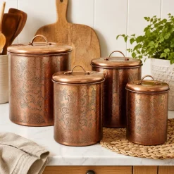 Stainless Steel Kitchen Canister Set of 4 | Antique Copper Finish | Beautiful Food Storage Container for Kitchen Counter, Tea, Sugar, Coffee, Caddy, Flour Canister with Rubber Seal Lid