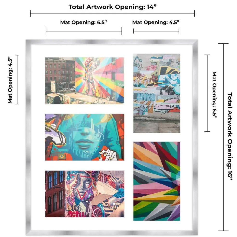 Stainless Steel Silver Wood Finish Collage Frame - White Mat, 20 Frame Sizes to Choose From, UV Acrylic, Wall Hanging Hardware, Vertical or Horizontal Display