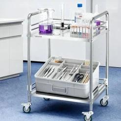 Stainless Steel 2-Tier Rolling Utility Cart with Lockable Wheels