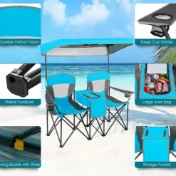 Steel Folding 2-Seater Camping Chair with Canopy and Cooler